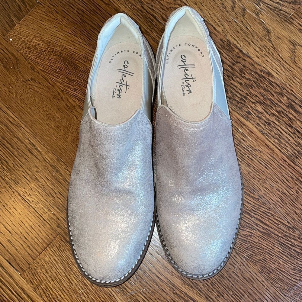 Ultimate Comfort Collection by Clark’s shimmery taupe slip on ankle boots